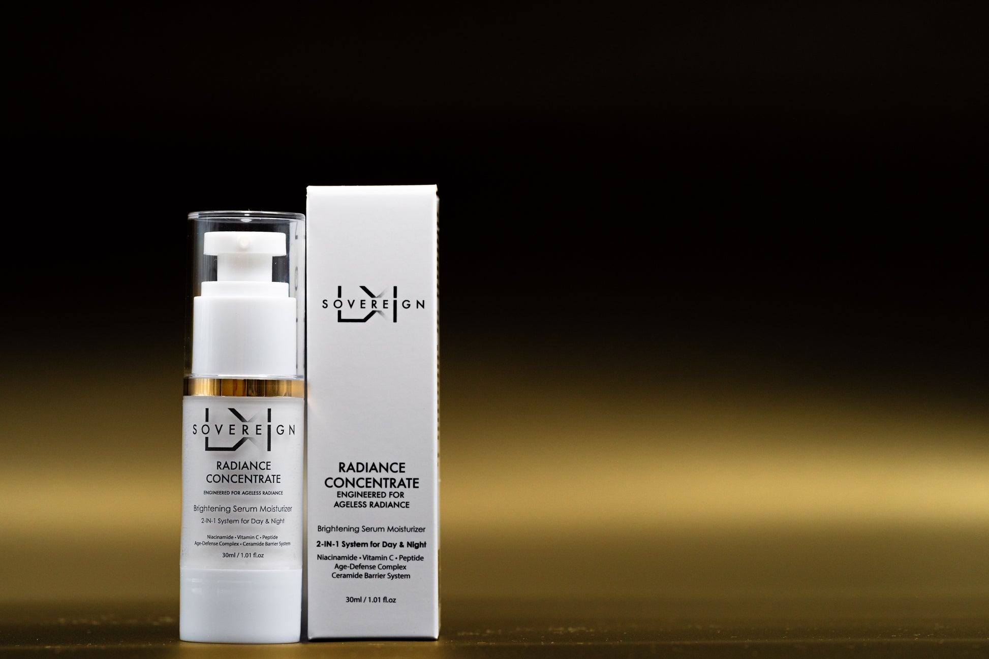 Skincare bottle and packaging with 'LX Sovereign' branding on a gradient background